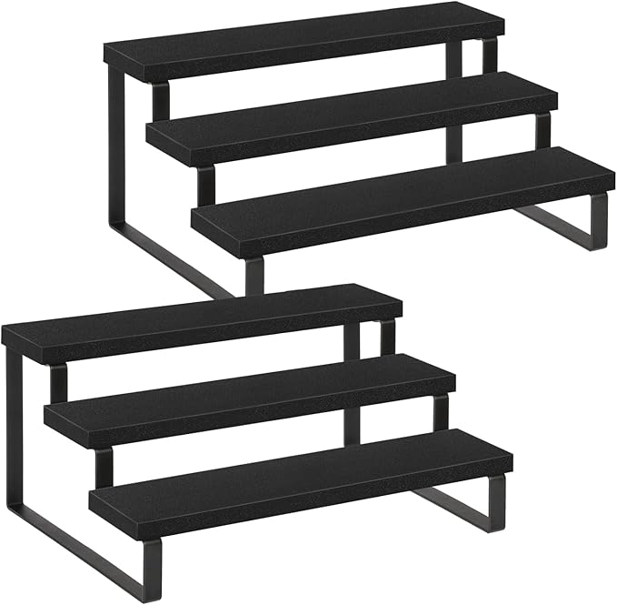 YINMIT Wooden Display Riser Stand, Tiered Perfume and Cologne Organizer Stand, 3 Tier Spice Rack Organizer, Rustic Display Shelf for Candles (3 Tier,2Pack,Black)
