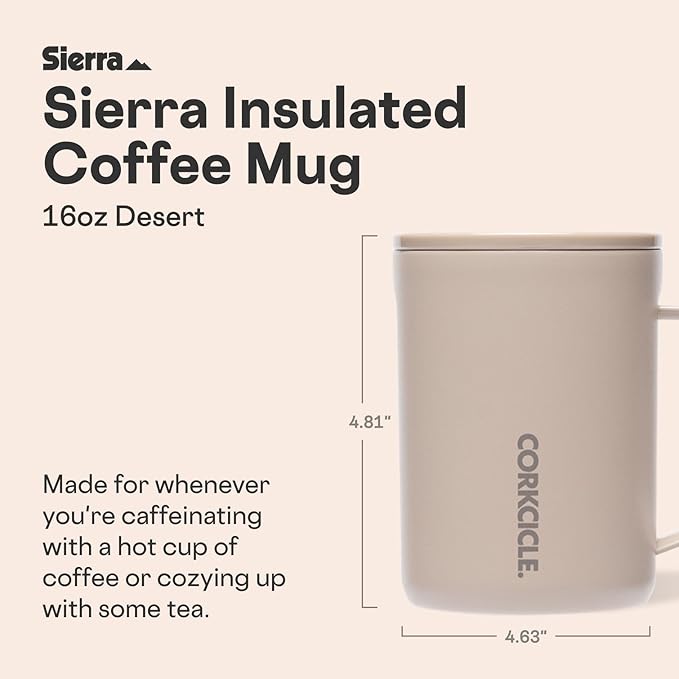 Corkcicle Classic Coffee Mug - Triple Insulated Stainless Steel Travel Mug - Shatter-Proof Lid - Easy Grip - Keeps Drink Hot Over 3 Hours - Holiday Mug Gift - Great for Gifting Warmth - 16 oz - Desert