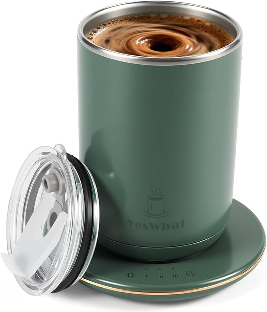 Smart Heated Coffee Mug with Temperature Control, Magnetic Auto Stirring & 3 Heat Levels, Type-C USB Rechargeable Stainless Steel Mug, 8-Hour Shut-Off, Perfect for Desk, Home, Office,Tea – Green 11oz