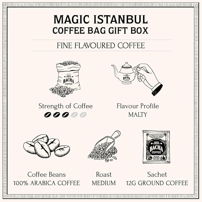 Bacha Coffee | Magic Istanbul Fine Flavoured, 100% Arabica Specialty Coffee Beans, Medium Roast, x12 Individually Wrapped Single Serve Filter Bags