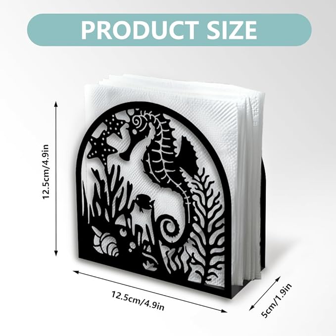 Seahorse and Coral Decorative Black Metal Napkin Holder for Table, 4.9" x 4.9" x 1.9" Ocean Standing Napkin Holder for Home Kitchen Restaurant Picnic Party Coffee Bar Dining Room
