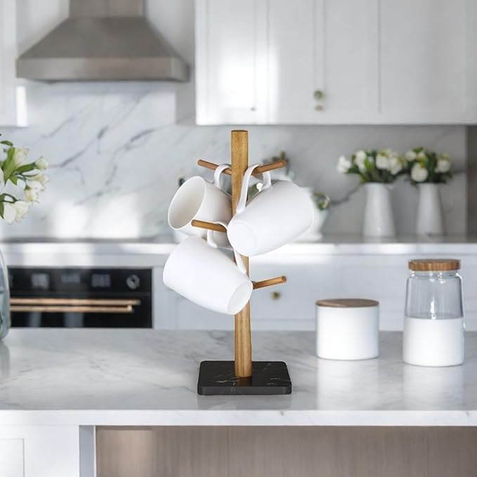 Buruis Wood Mug Holder, Marble Base Cup Rack Tree, Kitchen Coffee Mug Tree Countertop Tea Cups Holder Stand, Coffee Cup Dryer with 6 Hooks (Black)