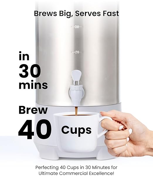 SYBO 45Cup Coffee Urn, Commercial Grade Stainless Steel Percolate Coffee Maker, Removable Filter, Easy to Clean, Hot Water Urn for Catering, Hot Beverage Dispenser with Cool-Touch Handles, 6L, Grey