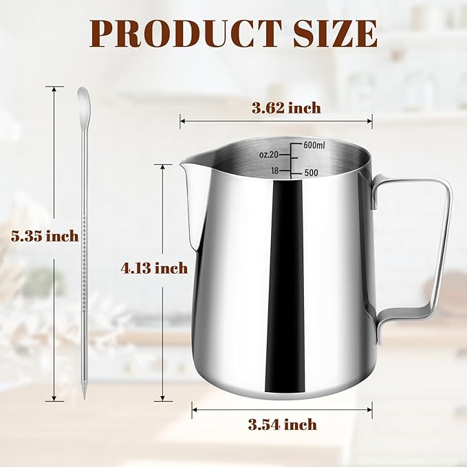 Milk Frothing Pitcher, 20oz Milk Frother Cup with Clear Scale, 304 Stainless Steel Cappuccino Espresso Machine Accessories for Barista Coffee Bar with Latte Art Pen, Silver