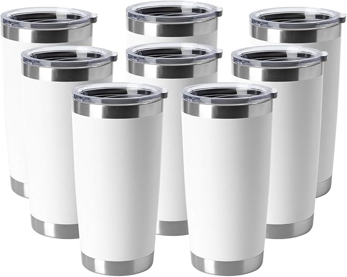 HASLE OUTFITTERS 20oz Tumblers Bulk Stainless Steel Cup with Lid Double Wall Vacuum Insulated Coffee Mug for Cold & Hot Drinks 8 Pack, White