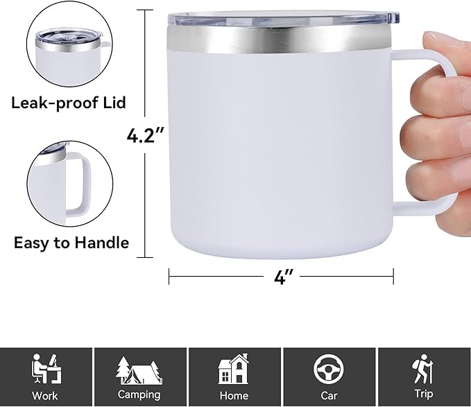 VEGOND 14 oz Insulated Coffee Mug with Handle, Stainless Steel Travel Coffee Mug with Lid, Double Wall Vacuum Metal Coffee Cup, Coffee Tumbler Powder Coated, White 1 Pack