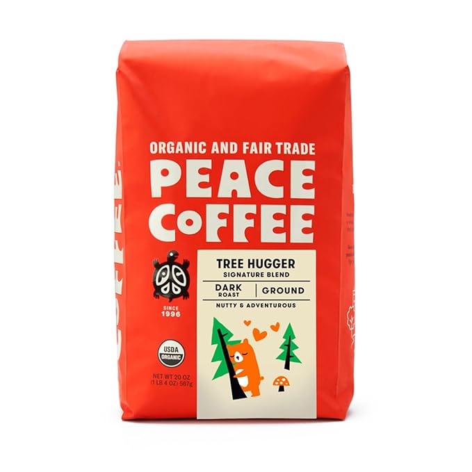 Peace Coffee Tree Hugger Signature Blend | 20 oz Ground Dark Roast | Organic Fair Trade | Soft, Smooth Flavor | Shade Grown, Fresh Roasted