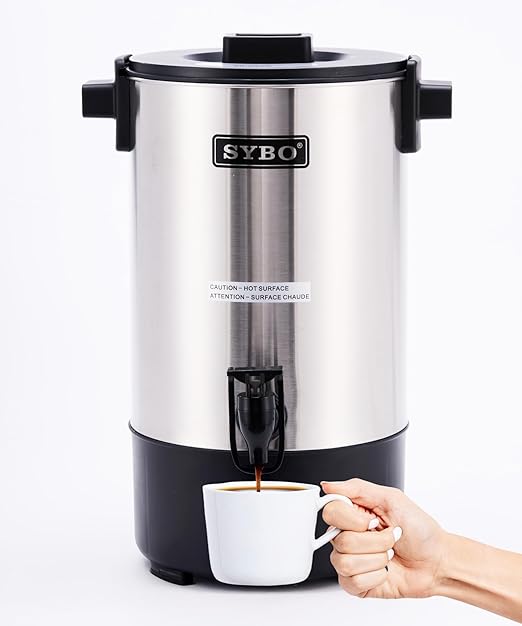SYBO 45Cup Commercial Coffee Urn, Stainless Steel Percolate Coffee Maker, Hot Water Urn for Catering, Electric Coffee Pot Hot Beverage Dispenser, 6L, Metallic