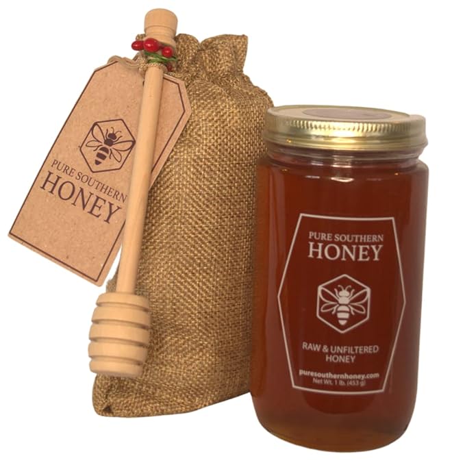 100% Authentic, USA - Made Raw Unfiltered Gourmet Honey Gift Set with Dipper by Pure Southern Honey [ 1 lb] - Unheated - Non - GMO, No Additives, All - Natural Sweetener- Environmental-Friendly Glass Jar