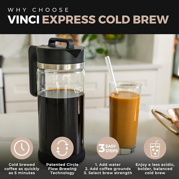VINCI Express Cold Brew, Electric Cold Brew Coffee Maker in 10 minutes, 4 Brew Strength Settings & Cleaning Cycle, Easy to Use & Clean, Glass Carafe 1.4 Liters Push Button Control