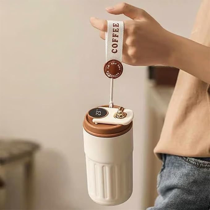 450ml Stainless Steel Travel Mug with Temperature Display - Vacuum Insulated Bottle, Stainless Steel Insulated Cup, Portable Coffee Bottle Cap, Coffee Cup Smart Travel Mug (Beige)