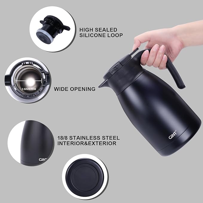 GiNT 51Oz Stainless Steel Thermal Coffee Carafe with Lid/Double Walled Vacuum Thermal Carafe / 12 Hour Heat Retention (Black, 1.5L)