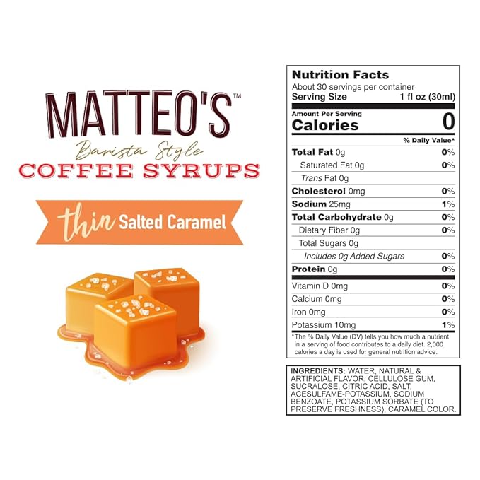 Matteo's Salted Caramel Syrup for Coffee, Lattes, Cappuccinos & Desserts – Sugar-Free Sweetener for Beverages, Keto Friendly, Zero Calories, Indulgent Flavor, Non-Alcoholic, 33.8oz (1pk)