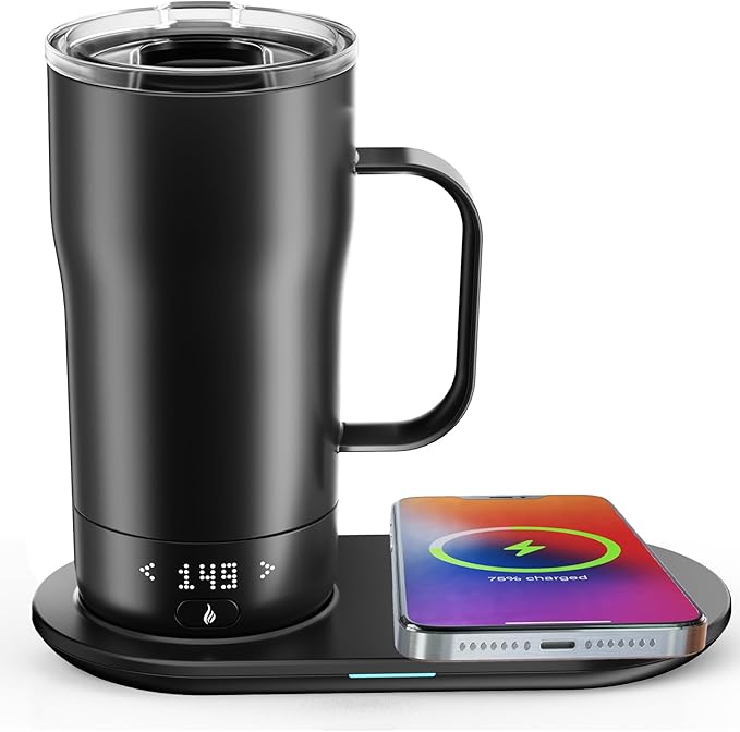 Smart Self Heating Coffee Mug 18 Oz Temperature Control Heated Coffee Mug App Controlled Warmer Mug 5-10 Hour LED Display Keep Coffee Hot All Day Fast Wireless Charger Base Dull Black