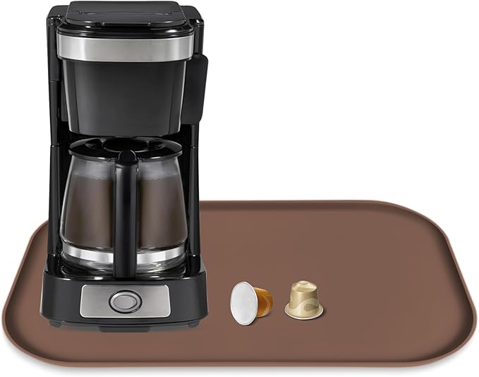 Silicone Coffee Maker Mat with Lip, 17.4'' x 10.6'' Heavy Duty Coffee Maker Mat for Countertops, Coffee Tray Fit Under Coffee Machine Appliance Automatic Machines Espresso Accessory, Brown