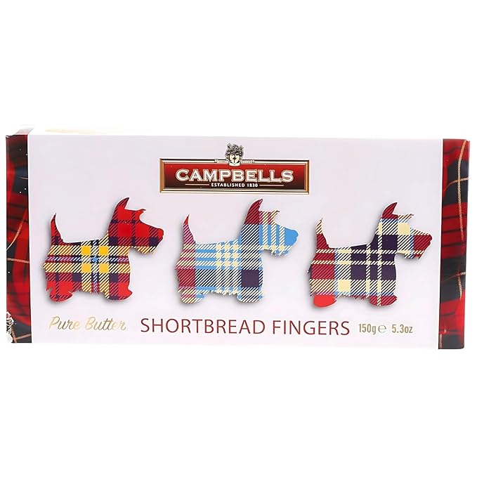Campbells Shortbread Fingers Tartan Dog Carton 5.3 Oz (Pack of 3) - Pure Butter Scottish Shortbread Cookies from Scotland, British Tea Biscuits & Snacks, Crumbly All-Butter Fingers, Cookie Gift Box