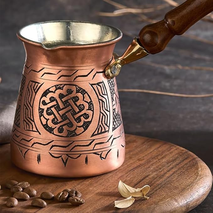 Handmade Hammered Copper Turkish Arabic Moroccan Persian Coffee Chocolate Pot Maker Ibrik Cezve Warmer for Stovetop Stove Top Indian Greek Style Traditional Antique Vintage Fancy Kitchen Decor Pot