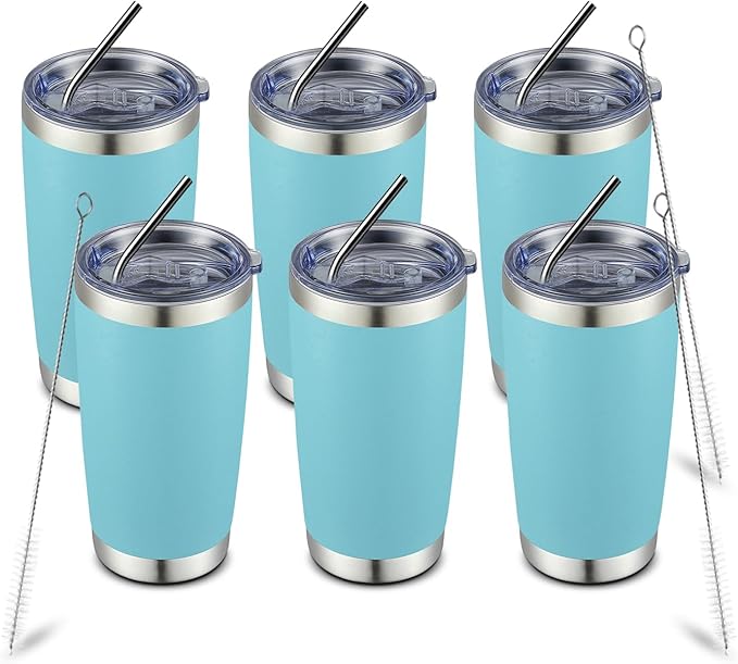 COMOOO 20oz 6 Pack Double Wall Vacuum Insulated Travel Mug, Stainless Steel Tumbler with Lid, Durable Powder Coated Insulated Coffee Cup for Cold & Hot Drinks (Light Blue, 6 Pack)