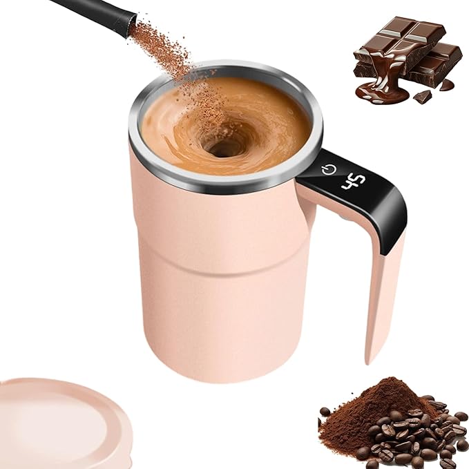 Electric Coffee Mug With a Built-In Lcd Thermometer, 380ML/13OZ Prevent Overflow Self-Stirring Magnetic Coffee Cup, Perfect for Brewing Coffee, Milk, Cocoa, Etc. (Pink)