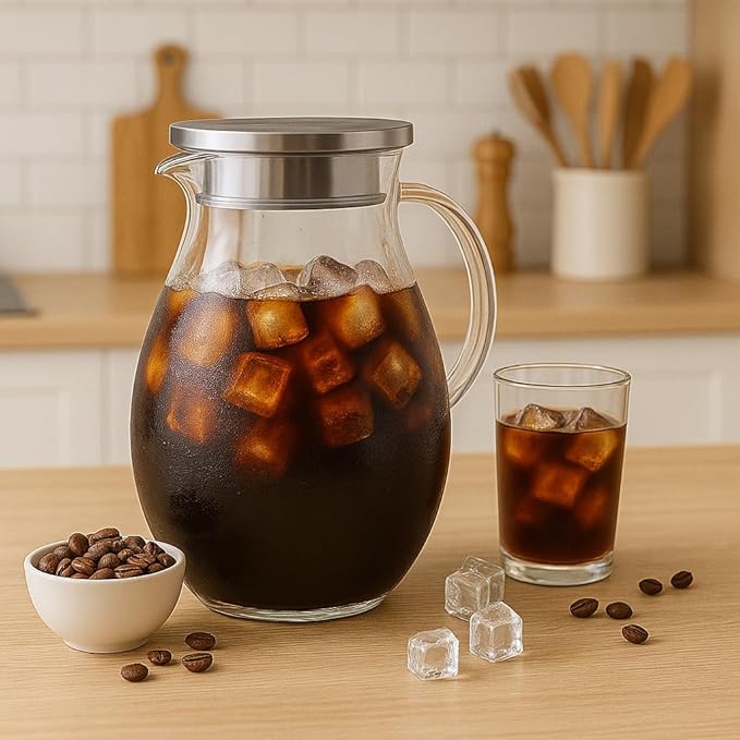 2L Large Glass Pitcher Water Jug with Lid – Hot and Cold Water Carafe for Tea Juice Fruit Infused Water, Perfect for Family Meals Parties