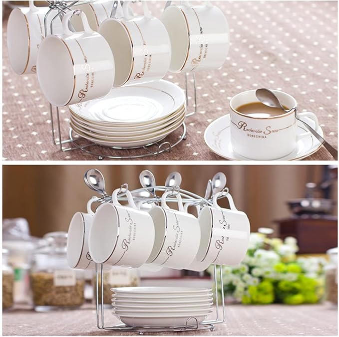 YY YEARCHY Coffee Mug Holder, Espresso Cups Holder Cup Drying Rack Cups Drainer Stand Metal Mug Tree Cups Organizer with 6 Hook Hangers for Kitchen Counter and Tea Party(7.48 * 8.27", Sliver)