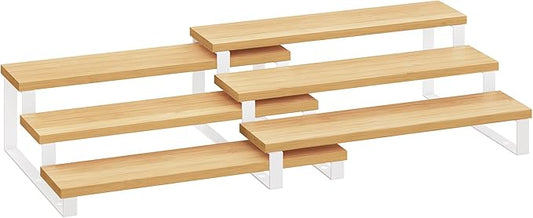 SONGMICS Display Risers, Set of 2 Engineered Wood Perfume Organizer Stand, 3-Tier Cupcake Stand Holder, Spice Rack, Shelf Risers for Figures, Dessert Shelves, Natural Beige and Cloud White UKCS016N02
