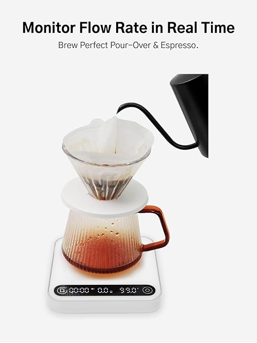 Digital Coffee Scale with Timer and Flow Rate Tracking, 0.1g Precision, 2kg Capacity, Rechargeable, Smart App Compatible, Ideal for Espresso and Pour Over Brewing