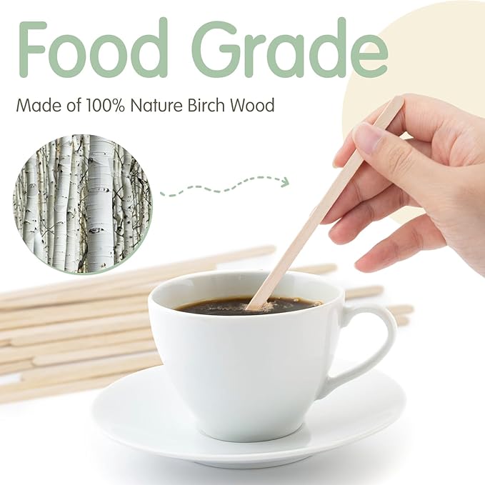 WISYOK 1000 PCS Coffee Stirrers, 5.5 Inch Premium Birch Wood Sticks, Smooth Round Ends, Splinter-Free Disposable Stir Sticks for Coffee, Cocktails, Office, Home, Coffee Bars