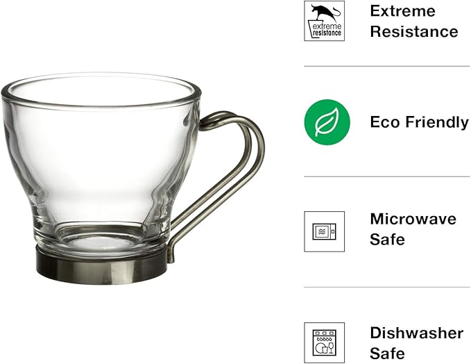 Bormioli Rocco Verdi Espresso Cup With Stainless Steel Handle, Set of 4, Gift Boxed, 3.5 ounces