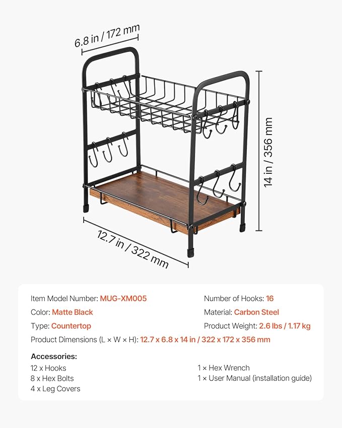 VEVOR 2 Tier Coffee Bar Organizer for Countertop, Multifunctional Mug Holder and Coffee Station, 12 Movable Hooks and 2 Shelves for Coffee Accessories Storage and Display, Home Office (Matte Black)