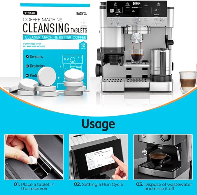 Y-Kelin Coffee Maker Cleaner And Descaler Tablets - 12Count Descaling & Cleaning Solution for Coffee Makers, Pot, Espresso Machines Removes Stains & Oils