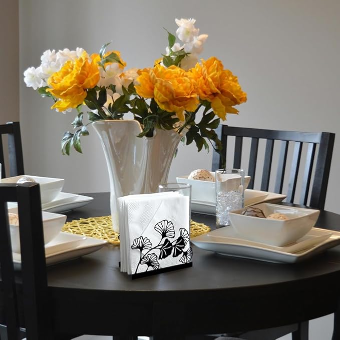 Modern Ginkgo Leaves Decorative Black Metal Napkin Holder for Table, 4.9" x 4.9" x 1.9" Standing Napkin Holder for Home Kitchen Restaurant Picnic Party Coffee Bar Dining Room