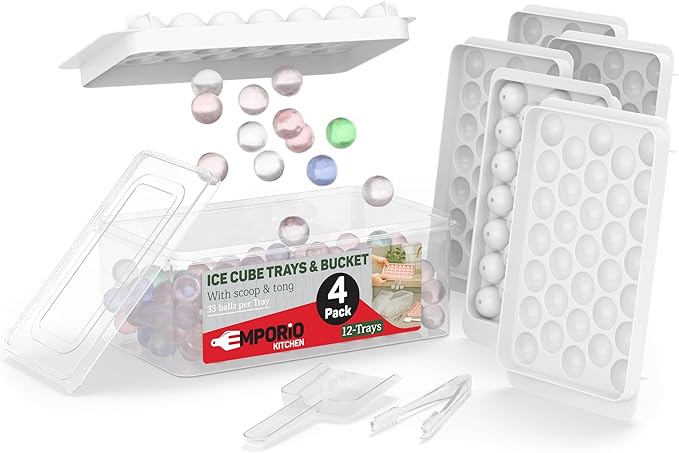 Round Ice Cube Tray Set Pack of 4, BPA-Free Stackable Trays with Lid & Tongs, 33 Ice Balls Per Tray for Whiskey, Drinks, and Cocktails, Quick Release Round Ice Cube Mold, White