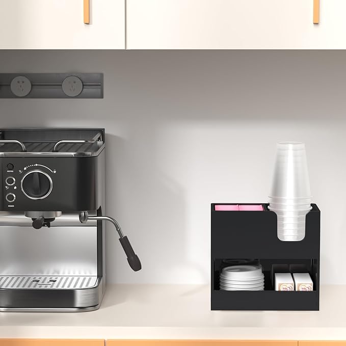 Coffee Condiment and Cup Organizer - 2-Tier Upright Cup and Lid Holder with Straw Organizer 3 Compartments Black Acrylic Cup Dispenser for Restaurant Breakroom Coffee Station Countertop