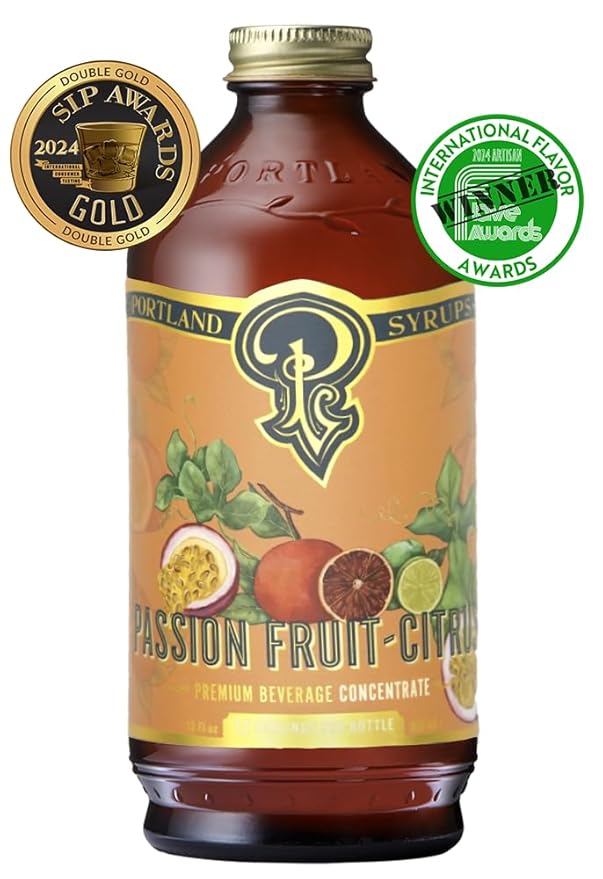 Portland Syrups Passion Fruit Citrus Syrup - Craft Tropical Sensations for Cocktails, Mocktails, Soda, and More - 12 oz with 10-15 Servings - Natural Organic Sugar, Lower Sugar Mixer