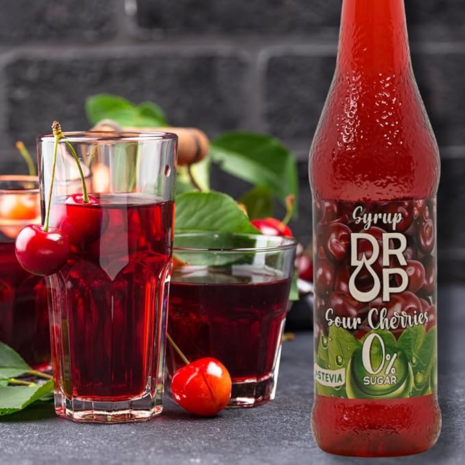 Drop Sour Cherry Sugar-Free Syrup,Natural Stevia,100% Pure Extract,Natural Sweet,16.9floz,Premium Flavoring,30% Concentrate,Zero Calories,Non-GMO Diabetic & Keto-Friendly,Ideal for Drinks & desserts