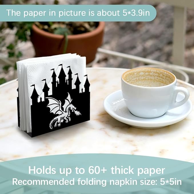 Dragon in Castle Decorative Black Metal Napkin Holder for Table, 4.9" x 4.9" x 1.9" Standing Napkin Holder for Home Kitchen Restaurant Picnic Party Coffee Bar Dining Room