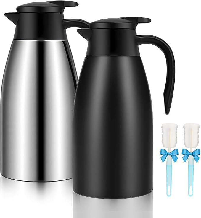 68oz Thermal Coffee Carafe, 2 Pack Airpot Insulated Coffee Urns Stainless Steel Vacuum Thermal Pot Dispenser for Coffee, Hot Water, Tea, Hot Beverage - Keep 12 Hours Hot, 24 Hours Cold (Silver, Black)
