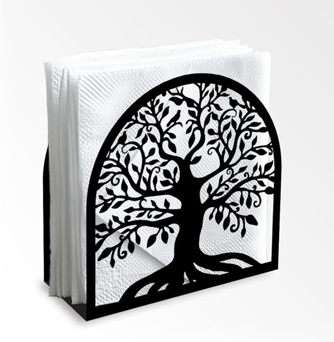 Tree of Life Decorative Black Metal Napkin Holder for Table, 4.9" x 4.9" x 1.9" Standing Napkin Holder for Home Kitchen Restaurant Picnic Party Coffee Bar Dining Room