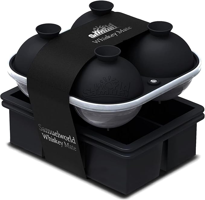 Samuelworld Premium Ice Tray Combo (3 Pack), Large Ice Sphere Maker & New Upgraded Ice Cube Trays, Food Grade, Easy To Use, Spill-Free Integrated Funnels, Whiskey Bourbon Cocktails, Black
