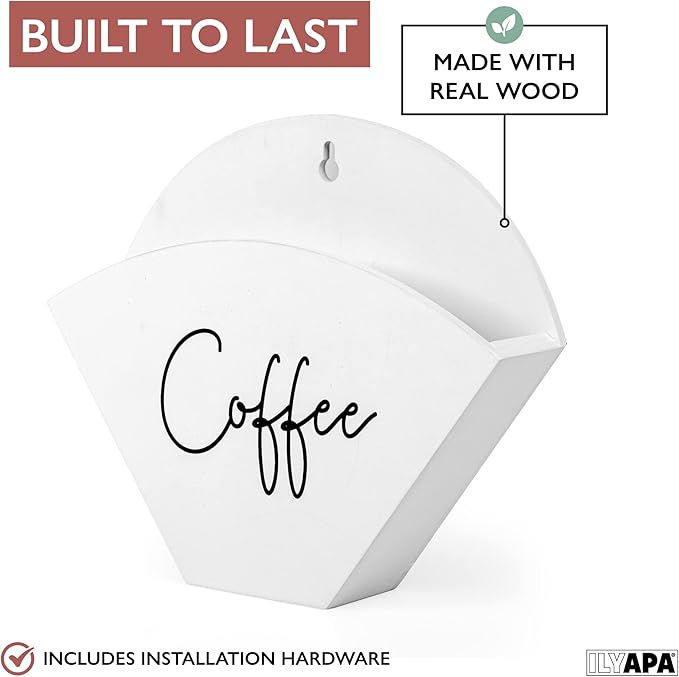 Ilyapa Wooden Cone Coffee Filter Holder, White Wall-Mounted Containers, Magnetic Farmhouse Style Coffee Filter Storage Organizer for Kitchen, Fridge, Bar