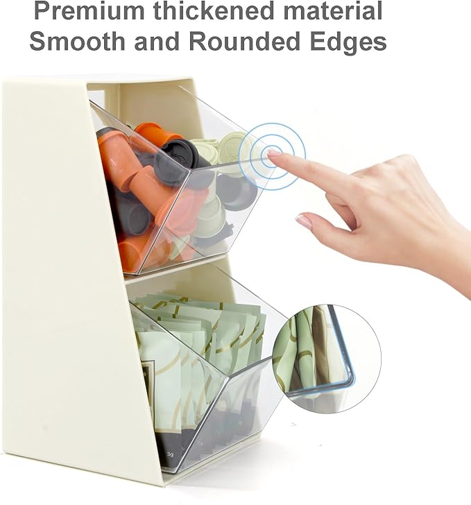Bokelai Coffee Pod Holder with 2 Large Capacity Basket K Cup Storage Container Coffee Bar Accessories for Creamer Suger Plastic Desk Box Tea Bag Organizer Creamy White/Clear