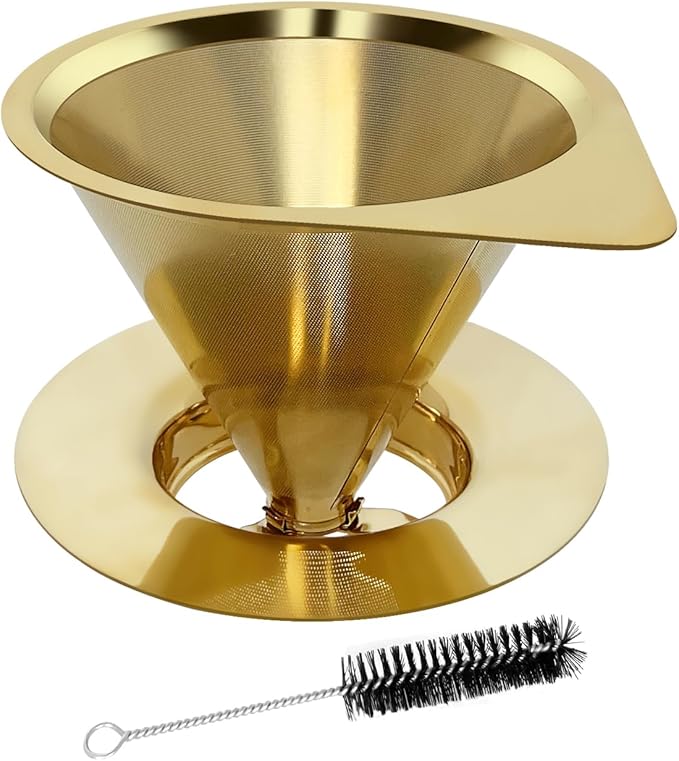 LHS Pour Over Coffee Dripper Reusable Coffee Filter Paperless Coffee Filter Stainless Steel Pour Over Coffee Maker Cone Coffee Dripper for 1-2 Cup,Gold