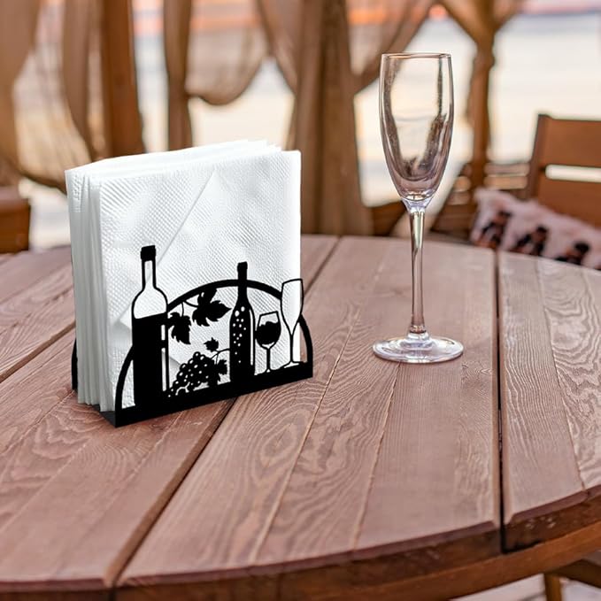 Grape Wine and Glass Decorative Black Metal Napkin Holder for Table, 4.9" x 4.9" x 1.9" Standing Napkin Holder for Home Kitchen Restaurant Picnic Party Coffee Bar Dining Room