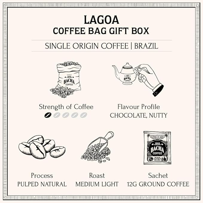 Bacha Coffee | Lagoa Brazil Single Origin, 100% Arabica Specialty Coffee Beans, Medium Light Roast, x12 Individually Wrapped Single Serve Filter Bags