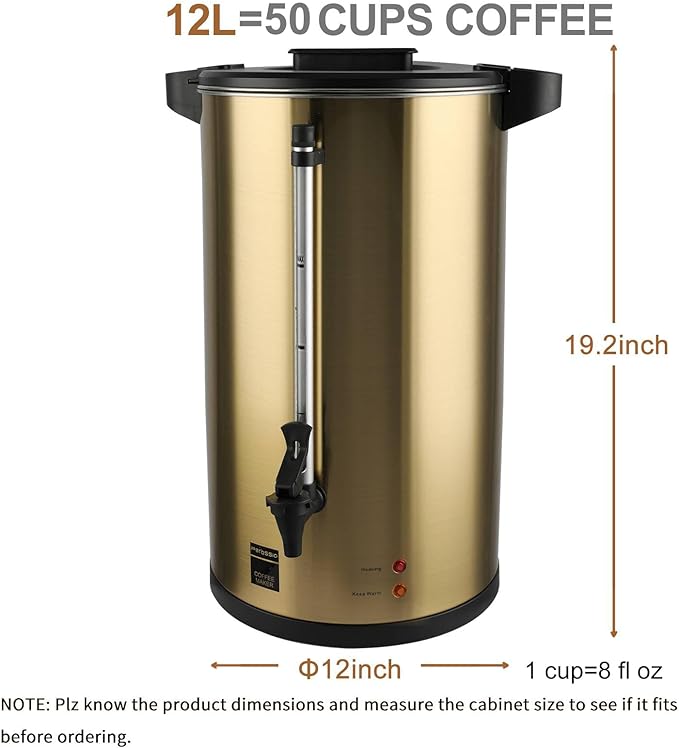 Commercial Grade Stainless Steel Coffee Urn 12L 50-Cup Double Wall Large Coffee Maker with Percolator Hot Water Dispenser for Catering Party Office Wedding