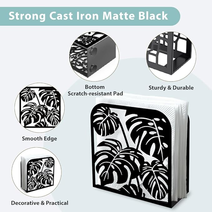 Monstera Leaf Decorative Black Metal Napkin Holder for Table, 4.9" x 4.9" x 1.9" Monstera Deliciosa Standing Napkin Holder for Home Kitchen Restaurant Picnic Party Coffee Bar Dining Room