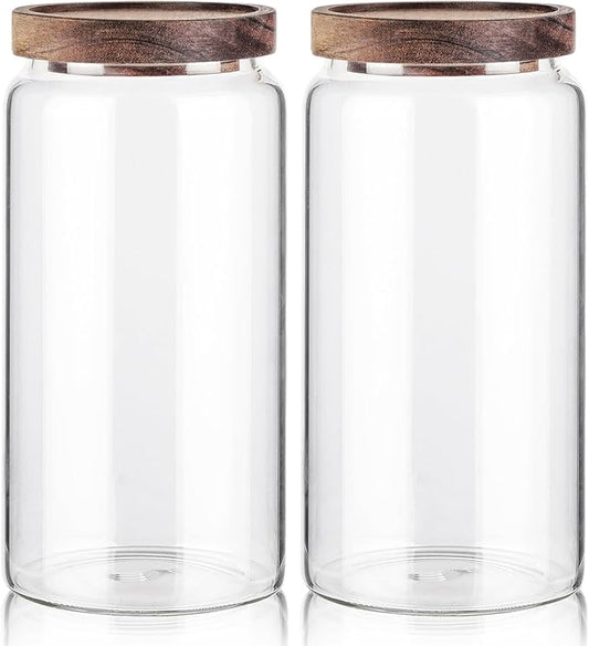 Labina Glass Storage Container Airtight Food Jars Kitchen Canister with Wood Lids, 40 Oz Wide Mouth Pantry Organization Glass Jar for Flour, Sugar, Cookie, Spagetti, Nuts and Candy (2 Pack)