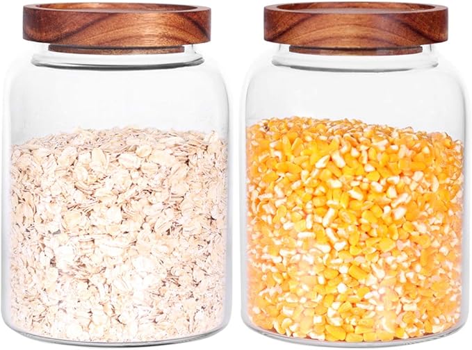 Glass Storage Jars with Airtight Lids, Set of 2 42 FL OZ (1250ml) coffee container with Wooden Lid, Glass Pantry Canister for Beans, Rice, Sugar and etc (6.3 inch high)