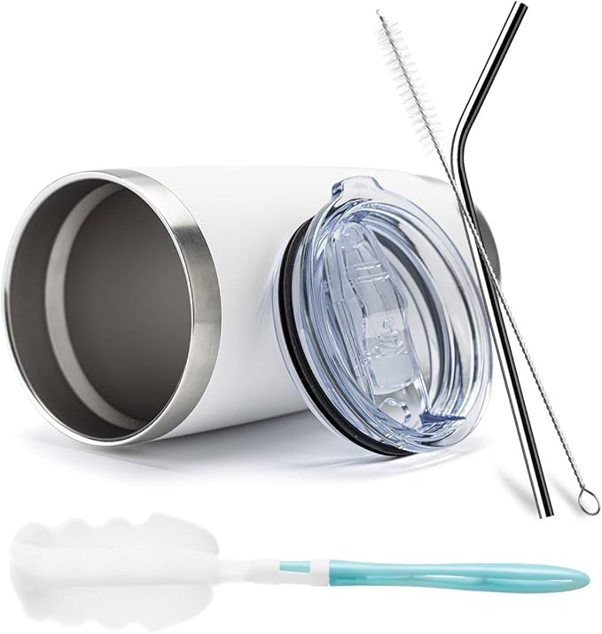 COMOOO 20oz White Tumbler Double Wall Vacuum Insulated Coffee Travel Mug Stainless Steel Tumbler Bulk with Lid and Straw Powder Coated Insulated Coffee Cup for Cold & Hot Drinks (White, 6 Pack)